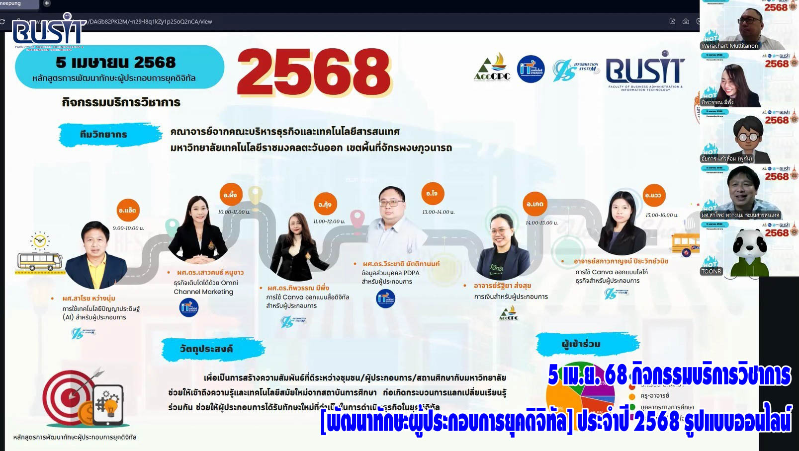 กิจกรรมบริการวิชาการ [พัฒนาทักษะผู้ประกอบการยุคดิจิทัล] ประจำปี 2568 รูปแบบออนไลน์ วันเสาร์ที่ 5 เมษายน 2568